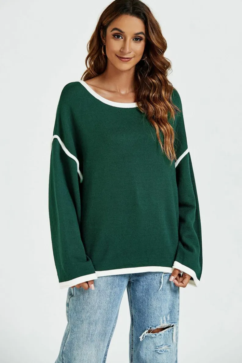 Oversized Jumpers*FS Collection White Striped Oversized Jumper Top Dark Green