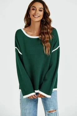 Oversized Jumpers*FS Collection White Striped Oversized Jumper Top Dark Green
