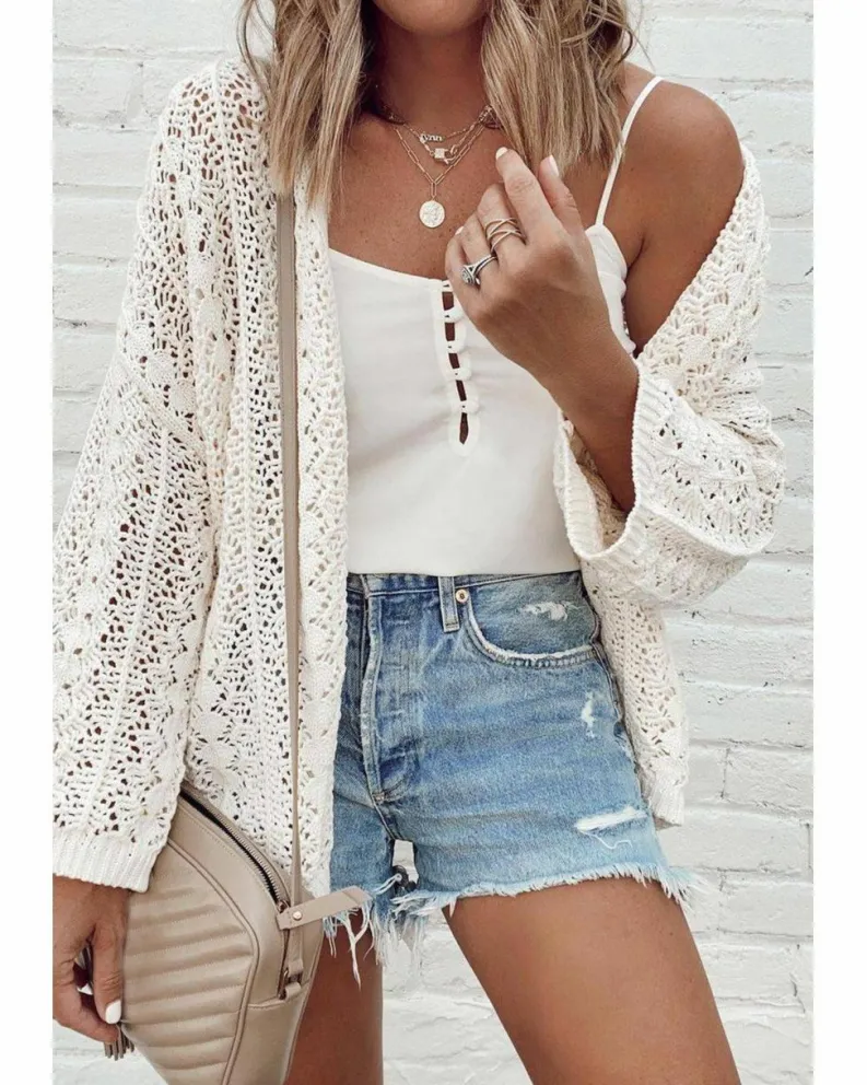 Cardigans*Azura Exchange Stylish Hollow Out Knit Drop Shoulder Cardigan White