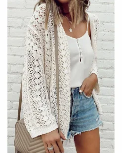 Cardigans*Azura Exchange Stylish Hollow Out Knit Drop Shoulder Cardigan White