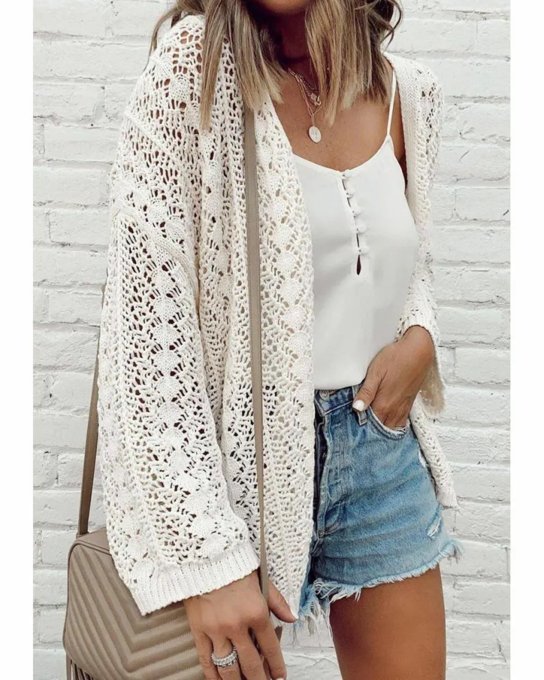 Cardigans*Azura Exchange Stylish Hollow Out Knit Drop Shoulder Cardigan White