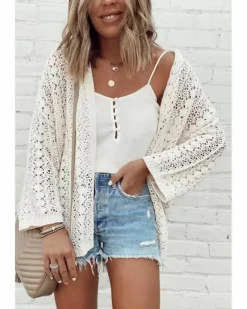 Cardigans*Azura Exchange Stylish Hollow Out Knit Drop Shoulder Cardigan White