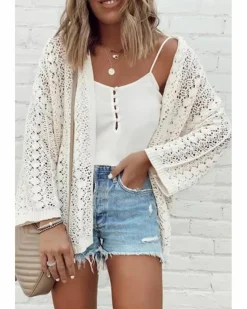 Cardigans*Azura Exchange Stylish Hollow Out Knit Drop Shoulder Cardigan White