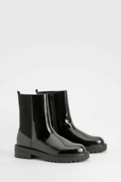 All Boots|Boots*boohoo Wide Fit Ankle Detail Croc Pu Chelsea Boot black