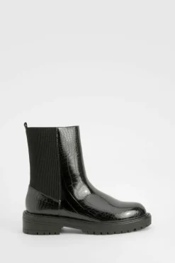 All Boots|Boots*boohoo Wide Fit Ankle Detail Croc Pu Chelsea Boot black