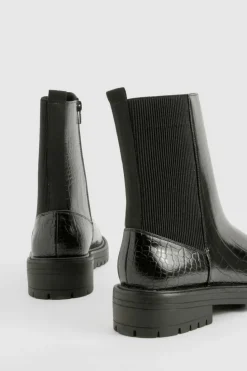 All Boots|Boots*boohoo Wide Fit Ankle Detail Croc Pu Chelsea Boot black