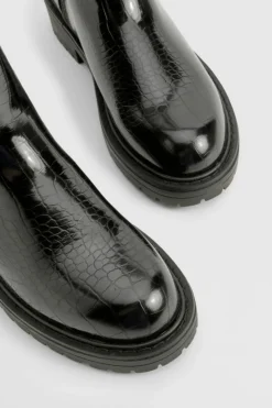 All Boots|Boots*boohoo Wide Fit Ankle Detail Croc Pu Chelsea Boot black