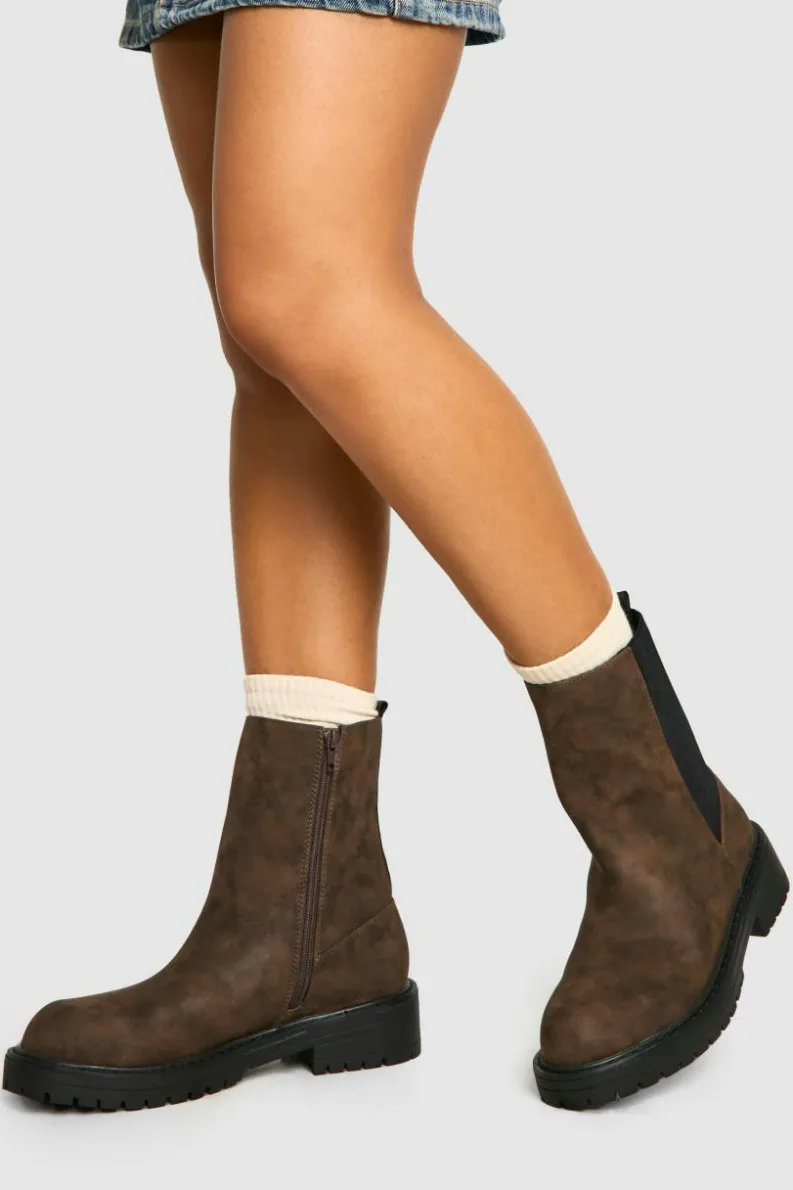 Ankle Boots|All Boots*boohoo Wide Fit Ankle Detail Distressed Pu Chelsea Boot brown