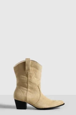 Cowboy Boots|Ankle Boots*boohoo Wide Fit Basic Tab Detail Western Cowboy Ankle Boots beige