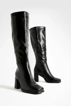 Heels|Over The Knee Boots*boohoo Wide Fit Block Heel Knee High Boots black