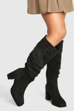 Heels|Over The Knee Boots*boohoo Wide Fit Block Heel Ruched Knee High Boot black