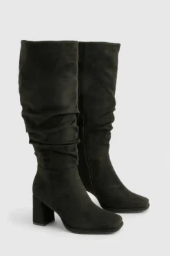 Heels|Over The Knee Boots*boohoo Wide Fit Block Heel Ruched Knee High Boot black