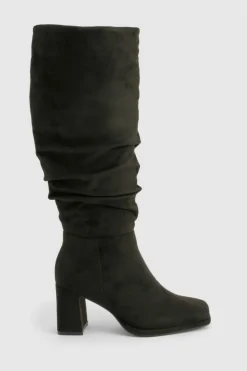 Heels|Over The Knee Boots*boohoo Wide Fit Block Heel Ruched Knee High Boot black