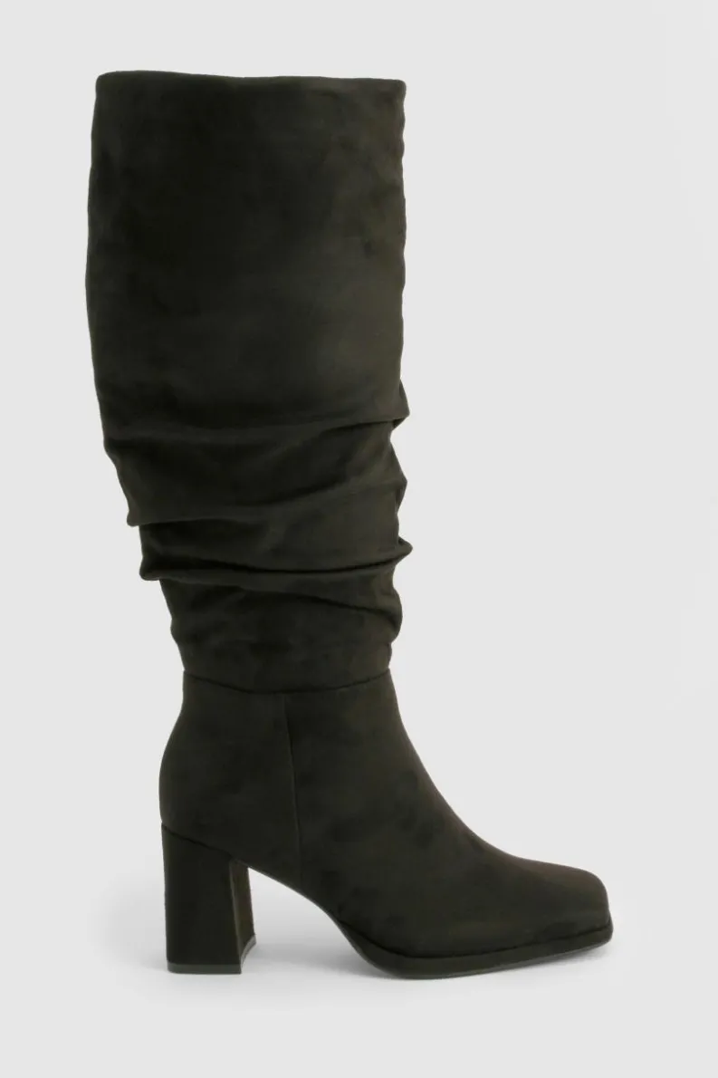 Heels|Over The Knee Boots*boohoo Wide Fit Block Heel Ruched Knee High Boot black