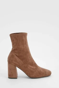Heels|Heeled Boots*boohoo Wide Fit Block Heel Square Toe Sock Boots chocolate