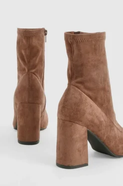 Heels|Heeled Boots*boohoo Wide Fit Block Heel Square Toe Sock Boots chocolate