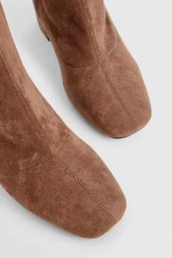 Heels|Heeled Boots*boohoo Wide Fit Block Heel Square Toe Sock Boots chocolate