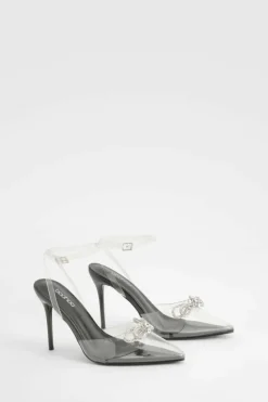 Heels*boohoo Wide Fit Bow Embellished Clear Slingback Court Heels black
