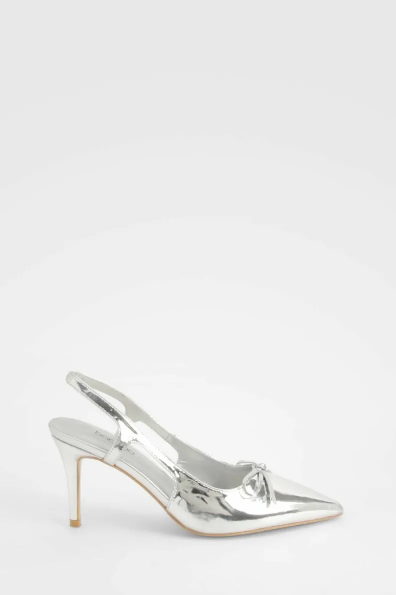 Heels*boohoo Wide Fit Bow Slingback Court Shoes silver