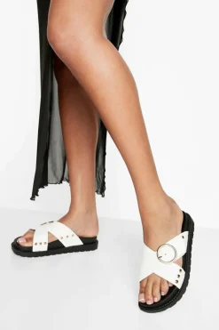 Sandals*boohoo Wide Fit Buckle Cross Strap Footbed Slider white
