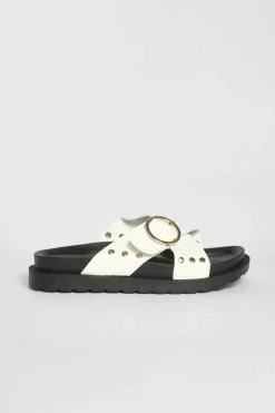 Sandals*boohoo Wide Fit Buckle Cross Strap Footbed Slider white