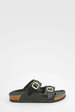 Sandals*boohoo Wide Fit Buckle Detail Footbed Sliders black