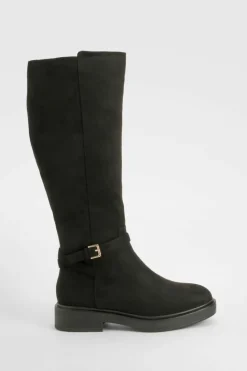 Over The Knee Boots|Knee High Boots*boohoo Wide Fit Buckle Detail Knee High Boots black