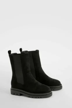 Calf High Boots|Chunky Boots*boohoo Wide Fit Calf High Chunky Sole Chelsea Boots black