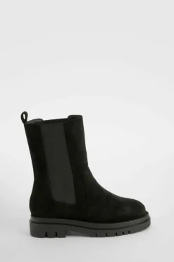 Calf High Boots|Chunky Boots*boohoo Wide Fit Calf High Chunky Sole Chelsea Boots black