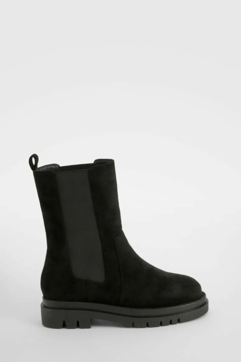 Calf High Boots|Chunky Boots*boohoo Wide Fit Calf High Chunky Sole Chelsea Boots black
