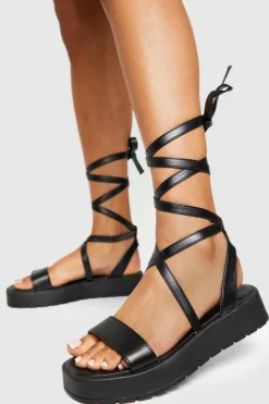 Sandals*boohoo Wide Fit Chunky Flatform Tie Leg Sandals black