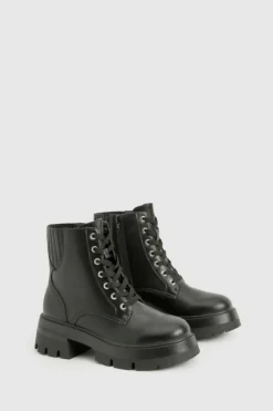 Chunky Boots|Biker Boots*boohoo Wide Fit Chunky Lace Up Hiker Boots black