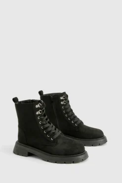 Chunky Boots|Biker Boots*boohoo Wide Fit Chunky Lace Up Hiker Boots black