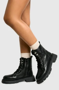 Chunky Boots|Biker Boots*boohoo Wide Fit Chunky Lace Up Hiker Boots black