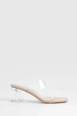 Heels*boohoo Wide Fit Clear Double Strap Low Block Heeled Mules nude