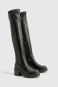 Over The Knee Boots|All Boots*boohoo Wide Fit Cleated Over The Knee Pu Boots black