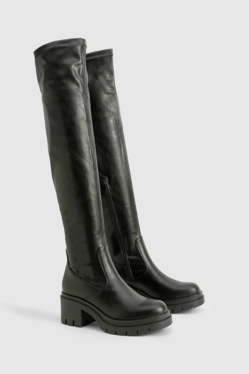 Over The Knee Boots|All Boots*boohoo Wide Fit Cleated Over The Knee Pu Boots black