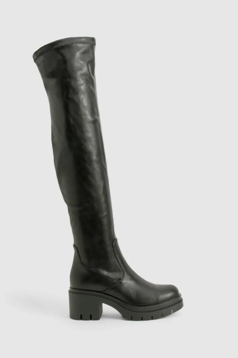 Over The Knee Boots|All Boots*boohoo Wide Fit Cleated Over The Knee Pu Boots black