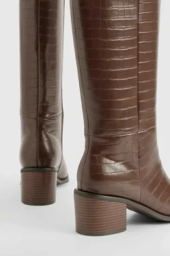 Heels|Over The Knee Boots*boohoo Wide Fit Croc Block Knee High Boots chocolate