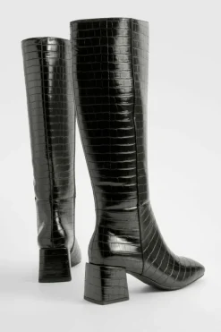Heels|Over The Knee Boots*boohoo Wide Fit Croc Block Knee High Boots black