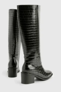 Heels|Over The Knee Boots*boohoo Wide Fit Croc Block Knee High Boots black