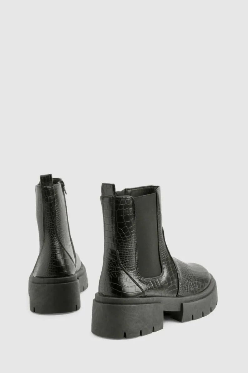 Chunky Boots|All Boots*boohoo Wide Fit Croc Chunky Chelsea Boots black