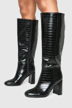 Over The Knee Boots|Knee High Boots*boohoo Wide Fit Croc Flared Heel Knee High Boots black