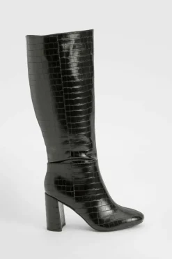 Over The Knee Boots|Knee High Boots*boohoo Wide Fit Croc Flared Heel Knee High Boots black