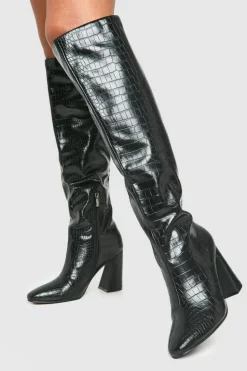 Over The Knee Boots|Heeled Boots*boohoo Wide Fit Croc Flared Heel Knee High Boots black