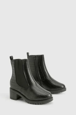 Heeled Boots*boohoo Wide Fit Croc Heeled Chelsea Boot black