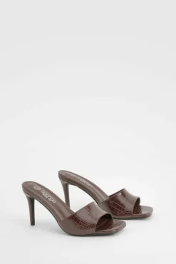 Heels*boohoo Wide Fit Croc Heeled Mules chocolate