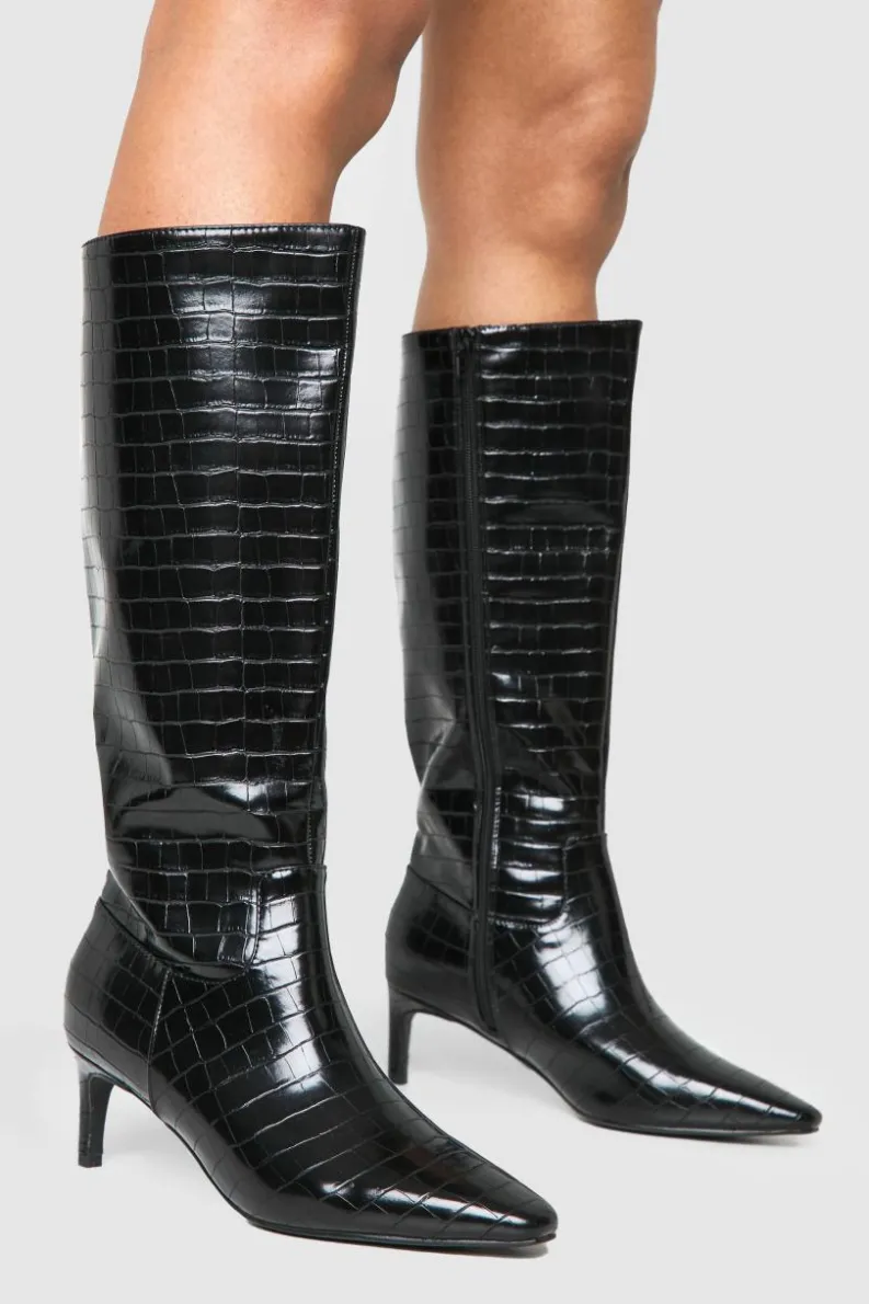 Over The Knee Boots|Knee High Boots*boohoo Wide Fit Croc Knee High Low Heeled Boots black