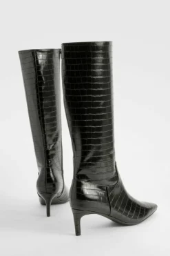 Over The Knee Boots|Knee High Boots*boohoo Wide Fit Croc Knee High Low Heeled Boots black
