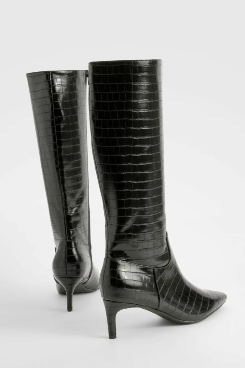 Over The Knee Boots|Knee High Boots*boohoo Wide Fit Croc Knee High Low Heeled Boots black